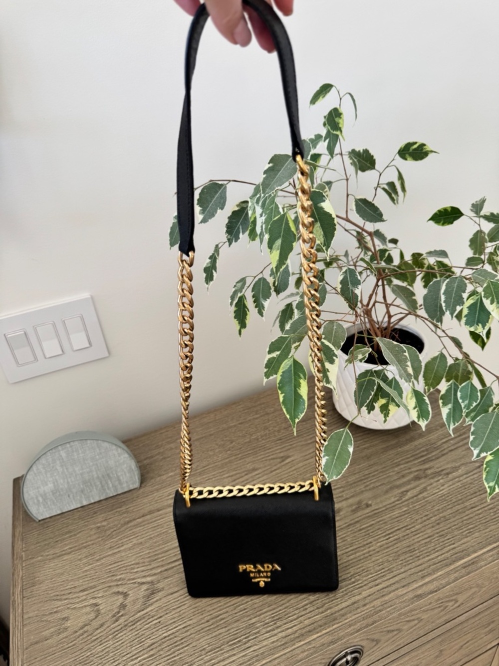 Prada Black Saffiano Leather Chain Shoulder Bag with Gold-Tone Hardware